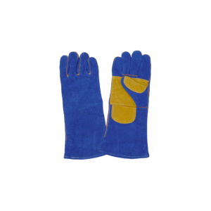 BLUE LINED SUPERIOR WELJAVLIN DING GLOVE 8"CUFF, A GRADE LEATHER FULL PALM  YELLOW REINFORCING